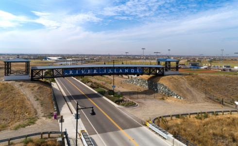 aerial view of river islands master-planned community entrance