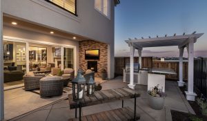 outdoor california room with outdoor seating and pergola