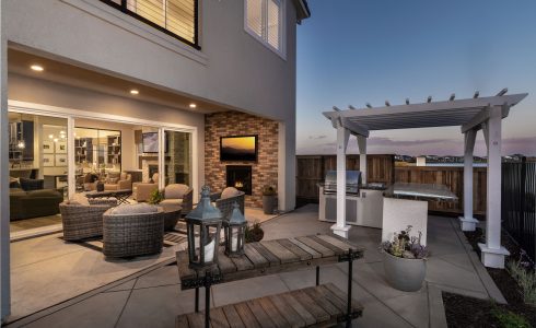 outdoor california room with outdoor seating and pergola