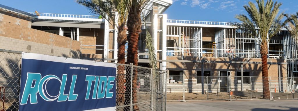 entrance and construction zone at River Islands High School